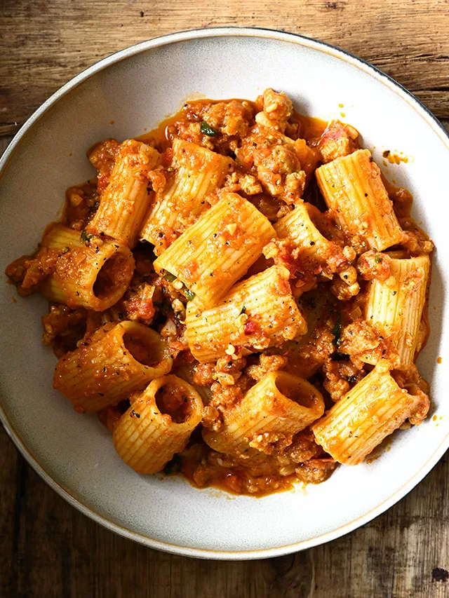 Spicy Red Pesto Pasta with Sausage