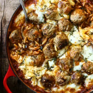 baked meatballs with orzo in roasted pepper sauce