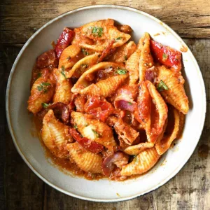 bbq bacon pasta with roasted peppers