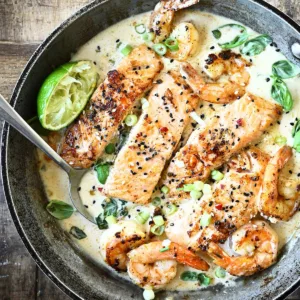 coconut miso salmon with shrimp