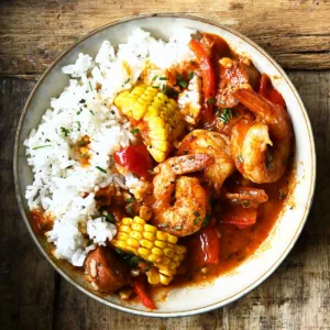 one pan shrimp with spanish chorizo and corn