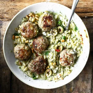 one skillet meatballs with orzo and feta pesto