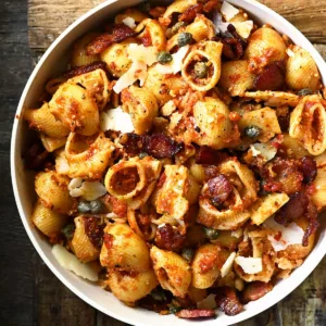red pesto pasta salad with bacon