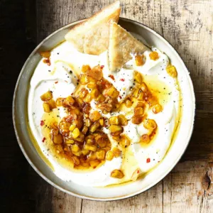 whipped feta dip with candied corn
