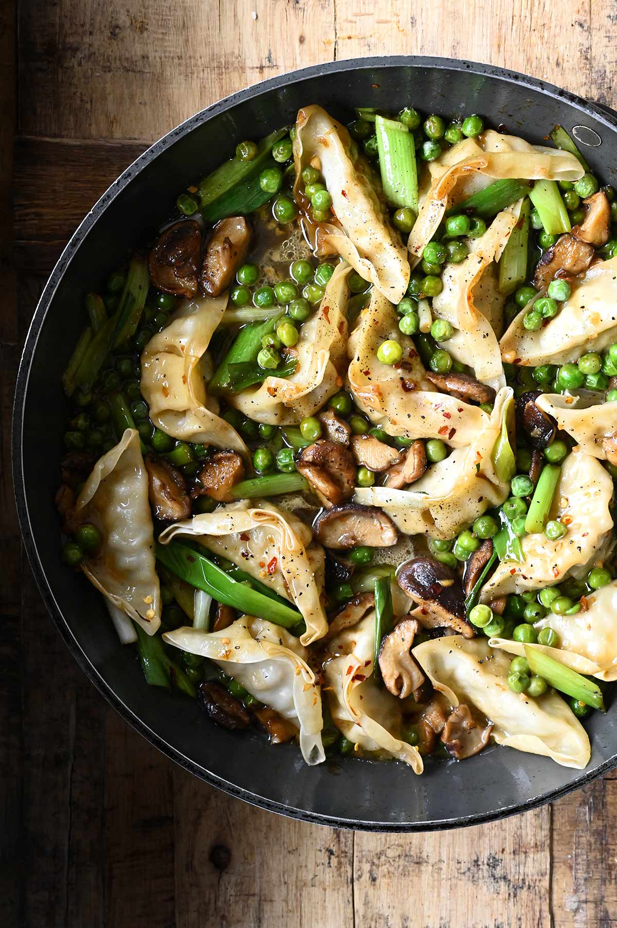 one-skillet soy shiitakes with dumplings