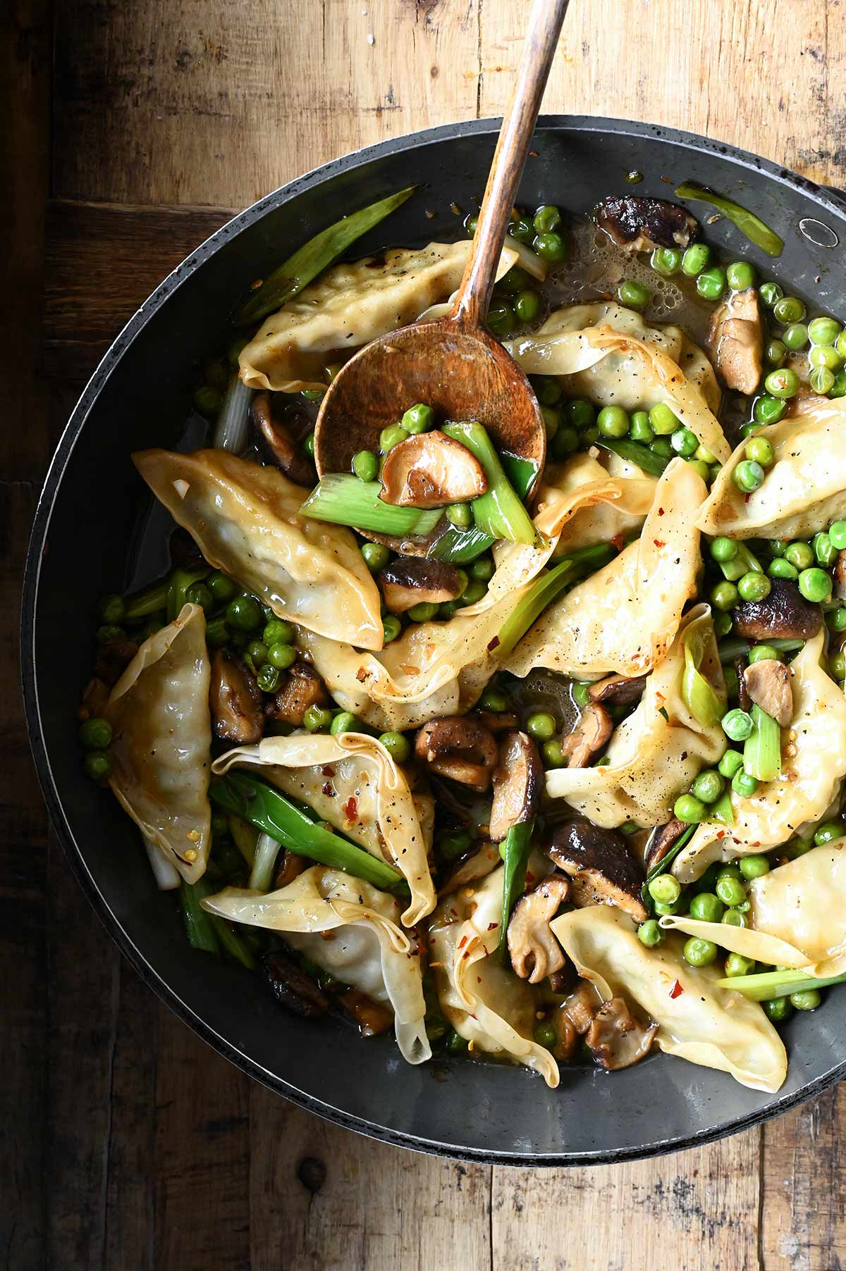 one-skillet soy shiitakes with dumplings