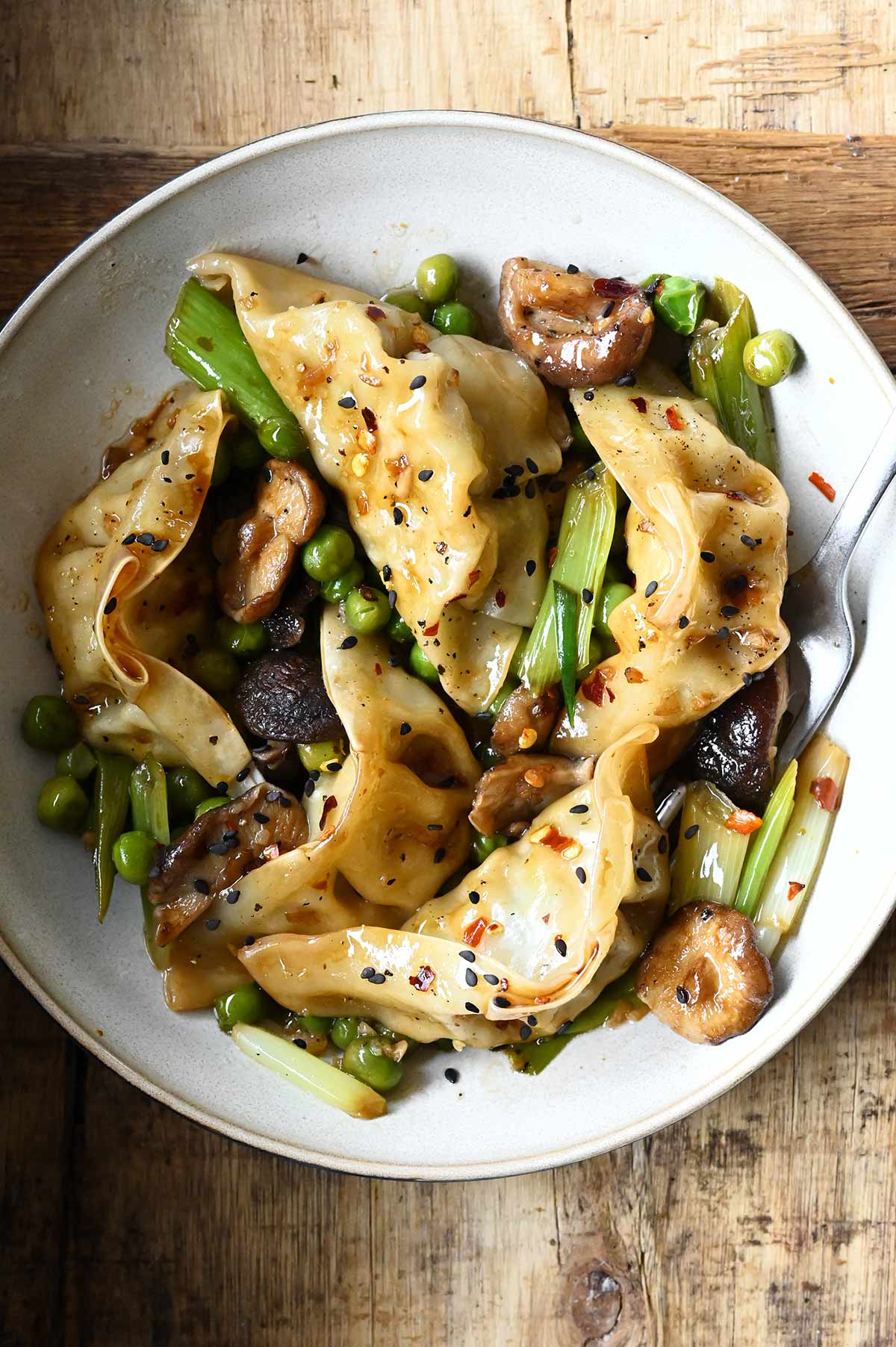 one-skillet soy shiitakes with dumplings