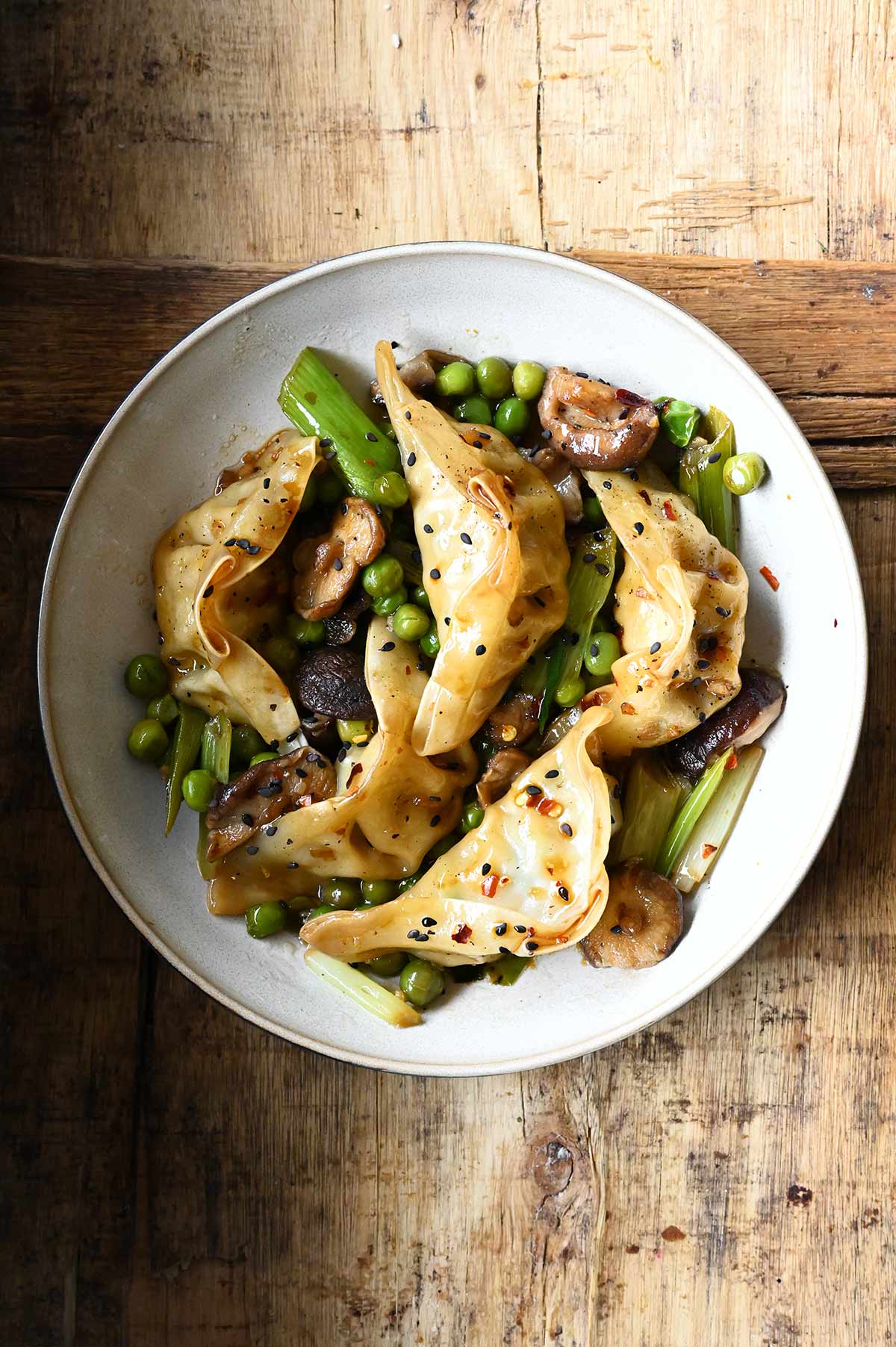 one-skillet soy shiitakes with dumplings