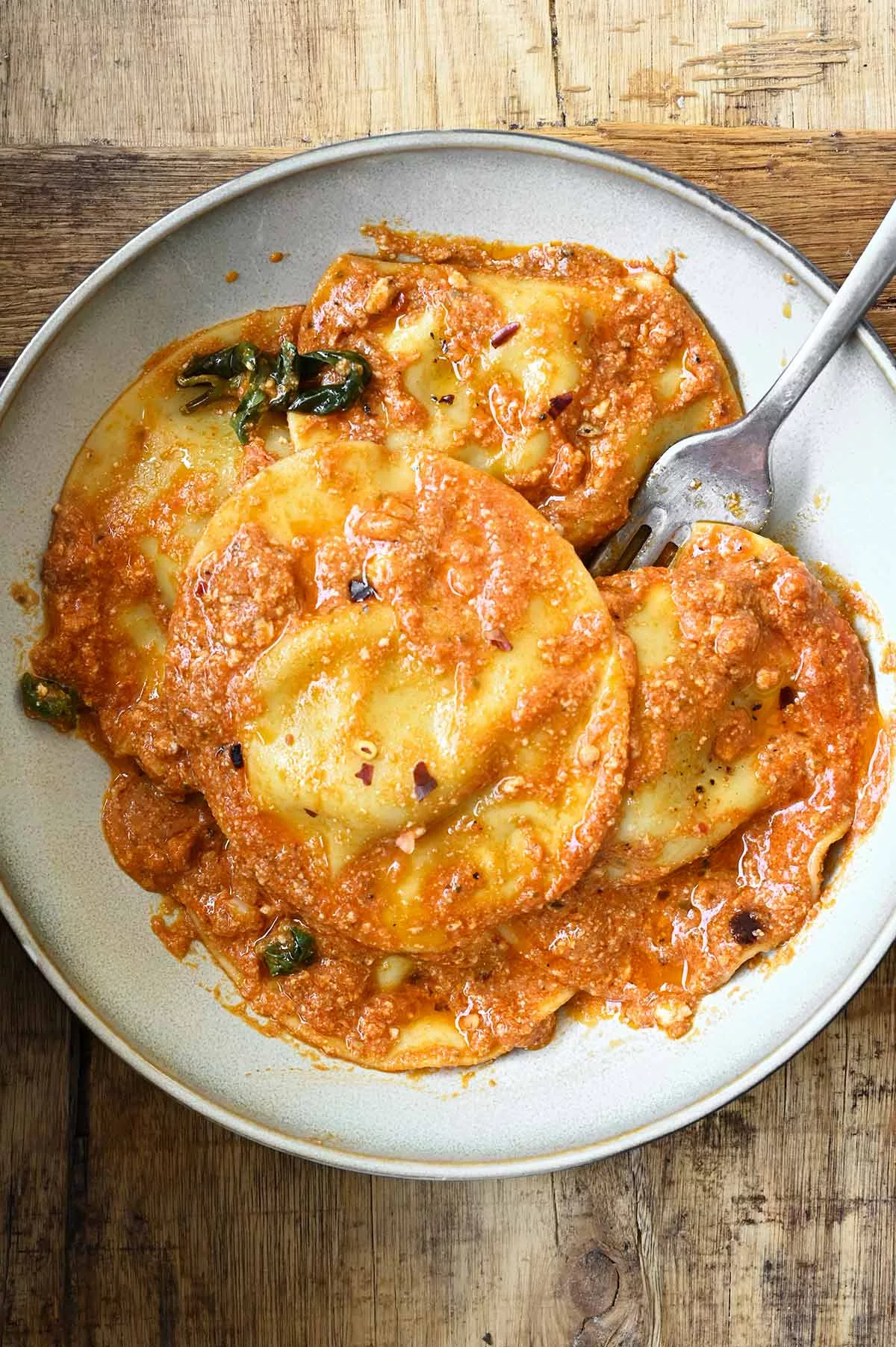 red pesto ricotta ravioli