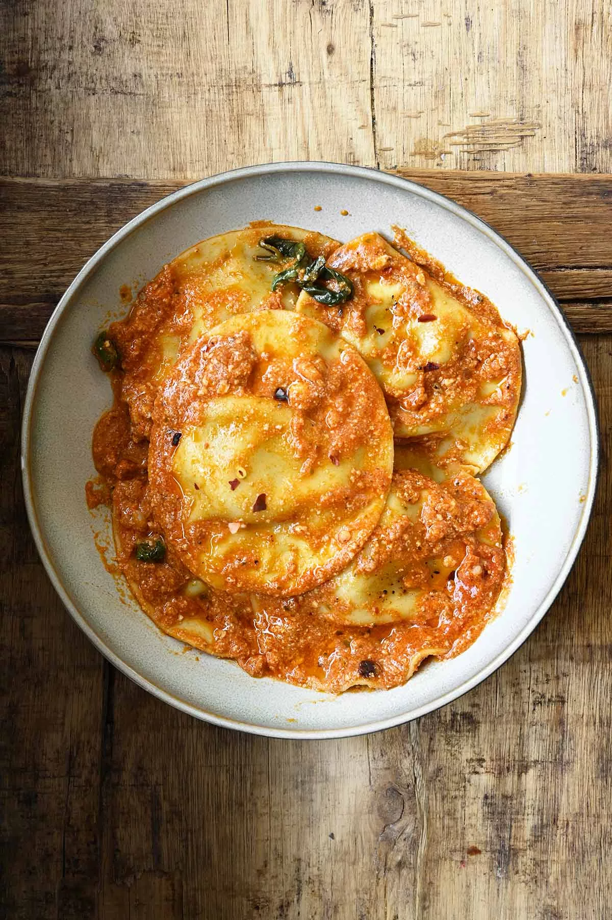 red pesto ricotta ravioli