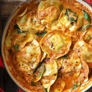 red pesto ricotta ravioli