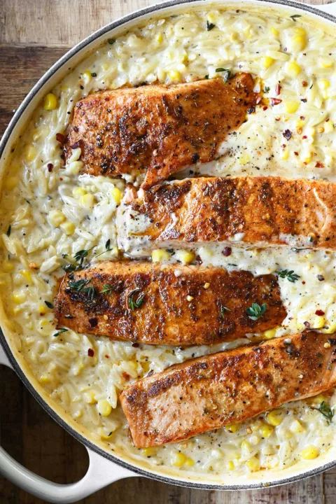 creamed corn orzo with salmon