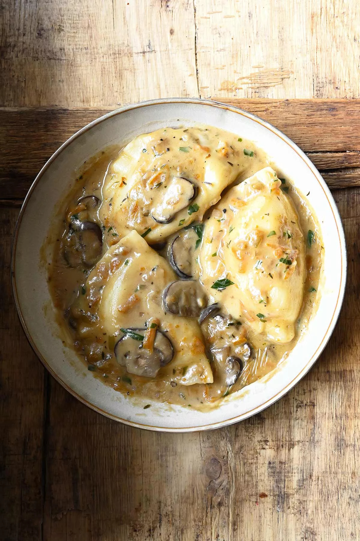 pierogi with creamy mushroom sauce