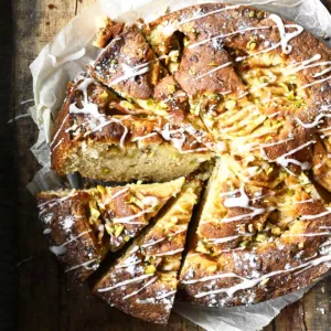 one-bowl apple yogurt cake with pistachios