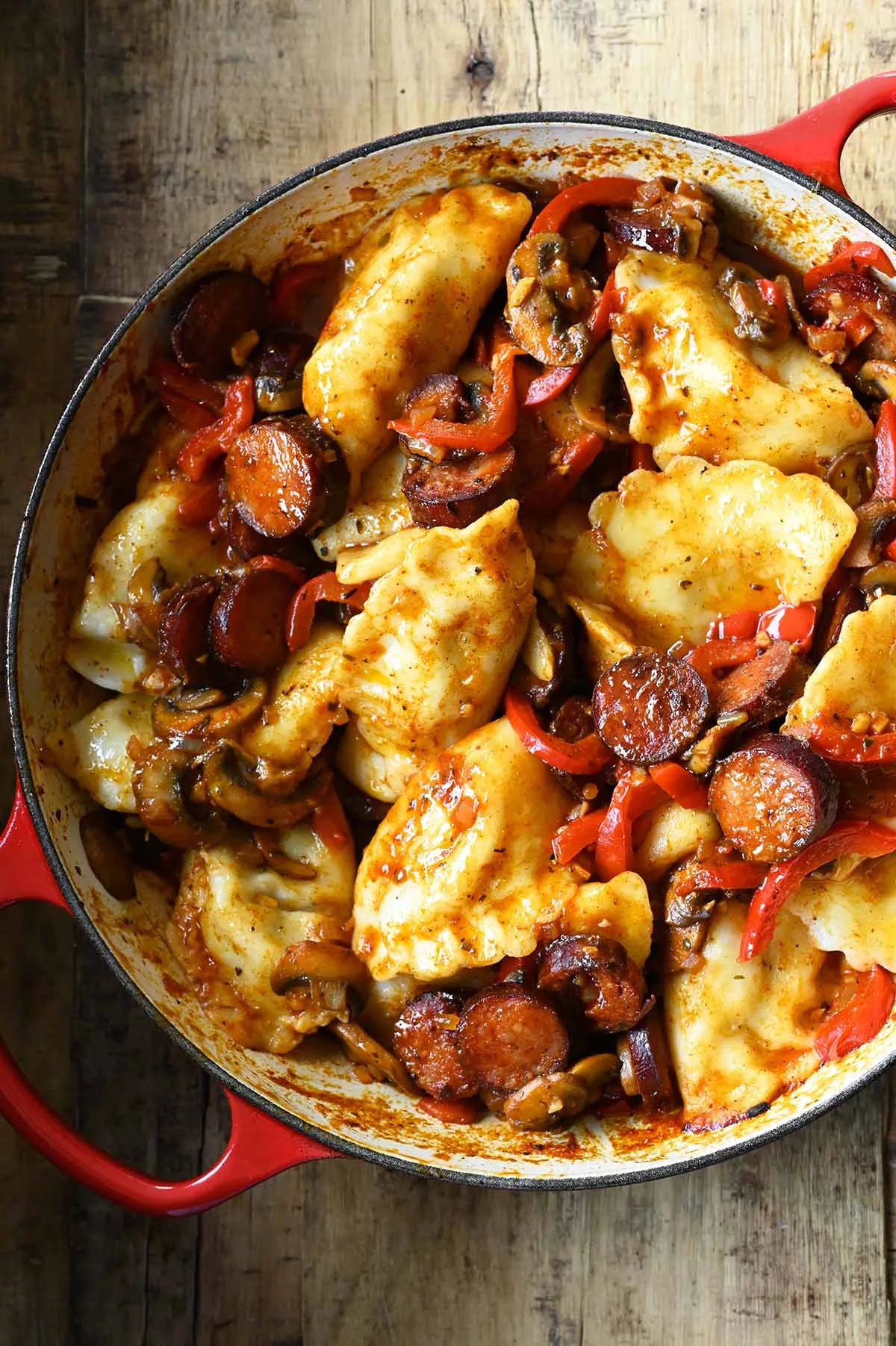 pierogi with kielbasa mushrooms and peppers