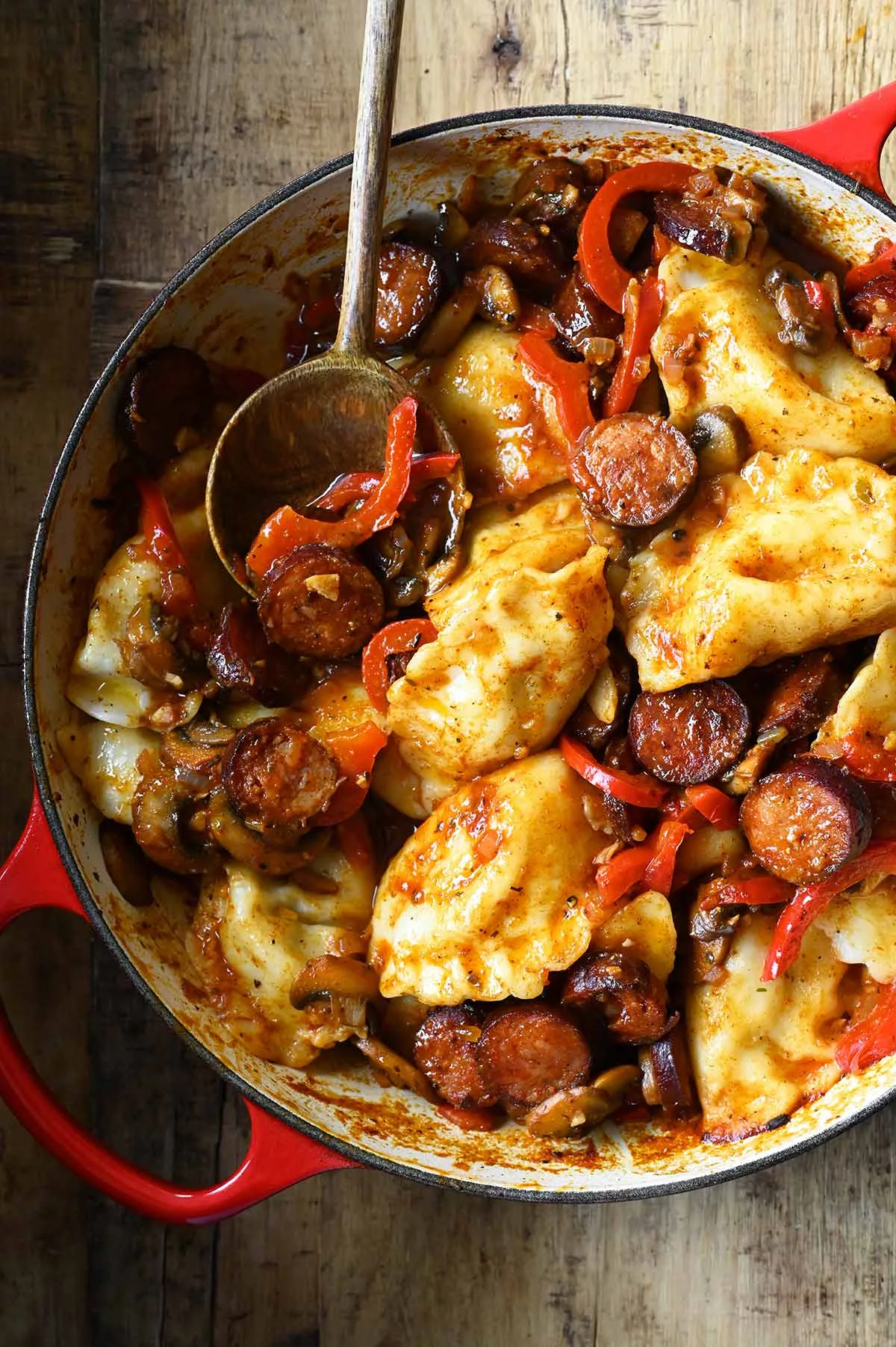 pierogi with kielbasa mushrooms and peppers