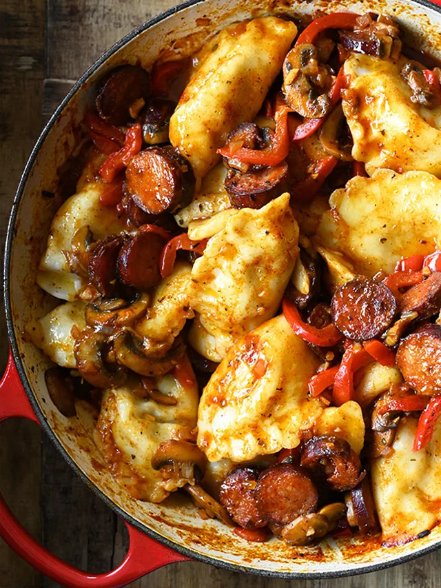 Pierogi with Kielbasa Mushrooms and Peppers