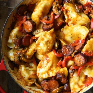 pierogi with kielbasa mushrooms and peppers