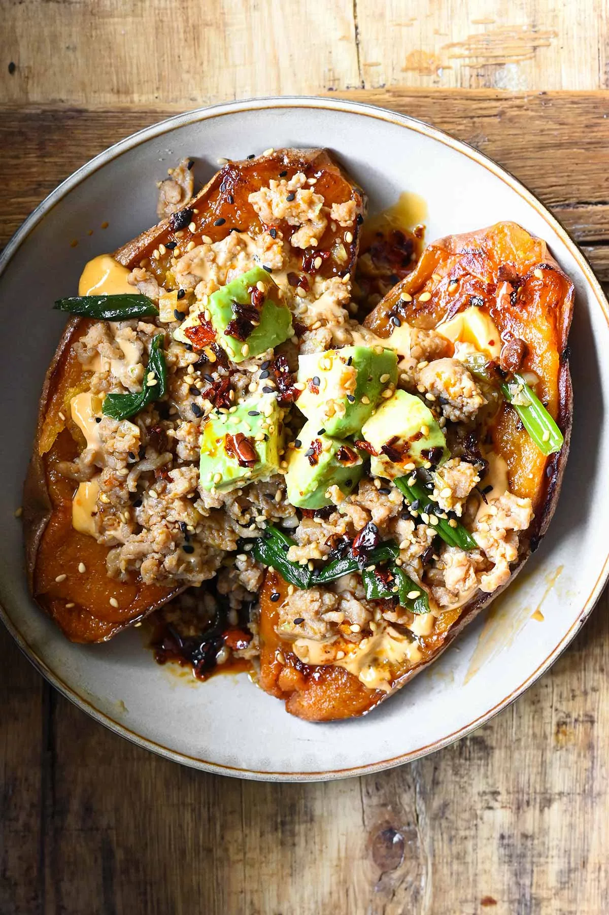 loaded korean chicken sweet potatoes