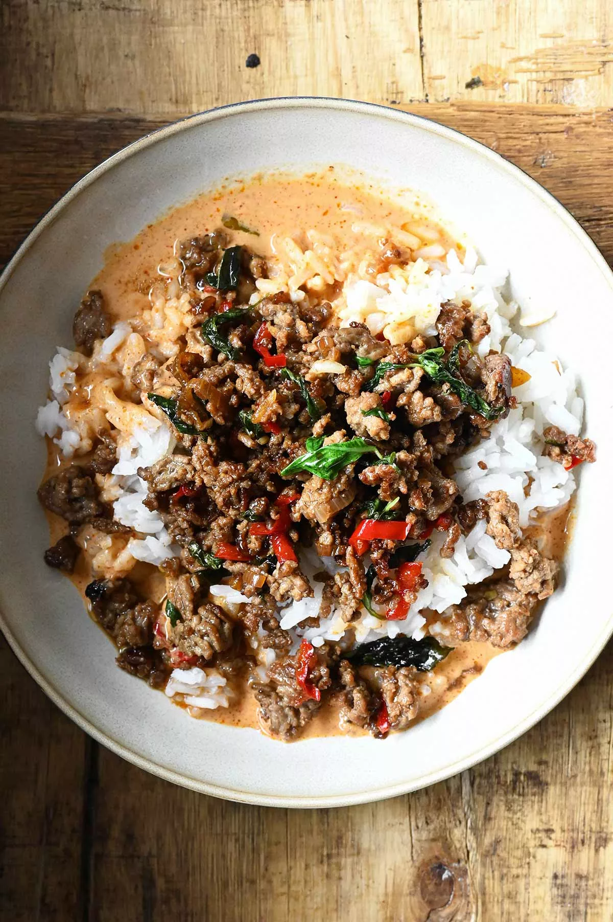 creamy thai basil beef rice bowls