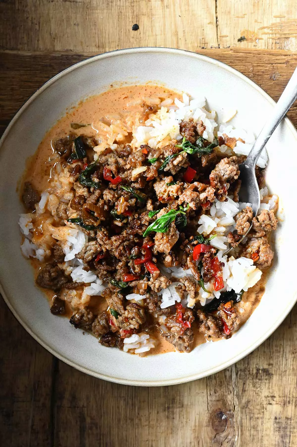 creamy thai basil beef rice bowls