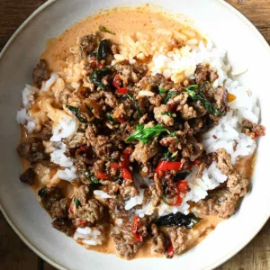 creamy thai basil beef rice bowls