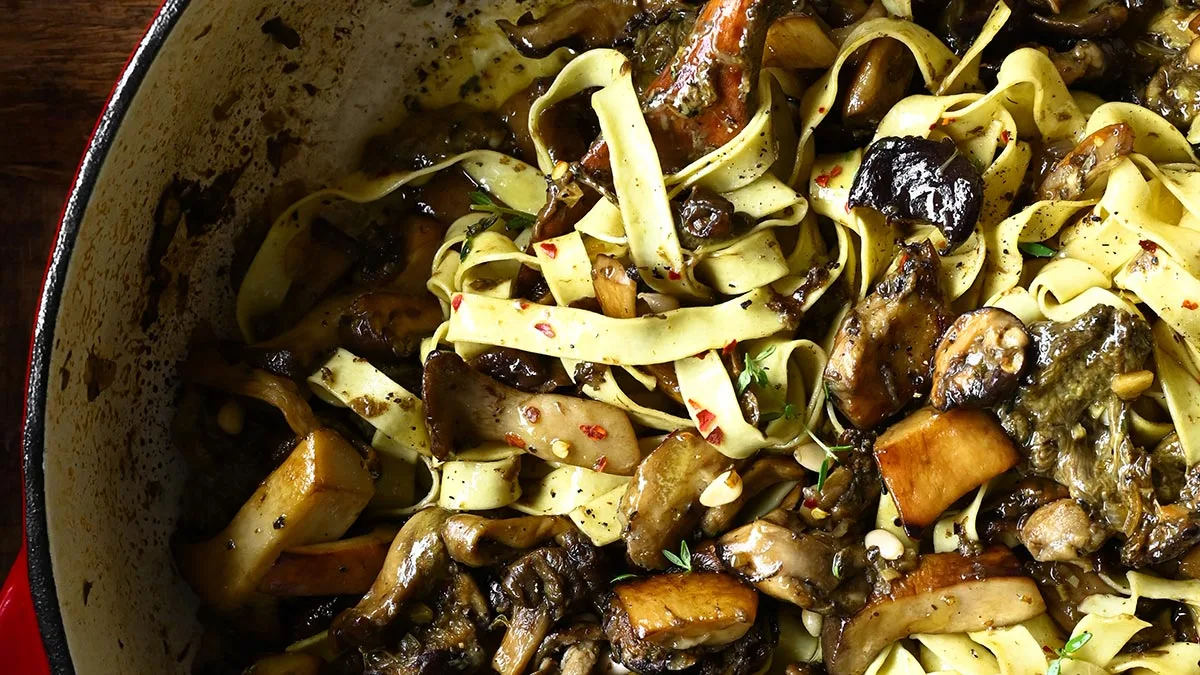 Balsamic Wild Mushroom Pasta - Serving Dumplings