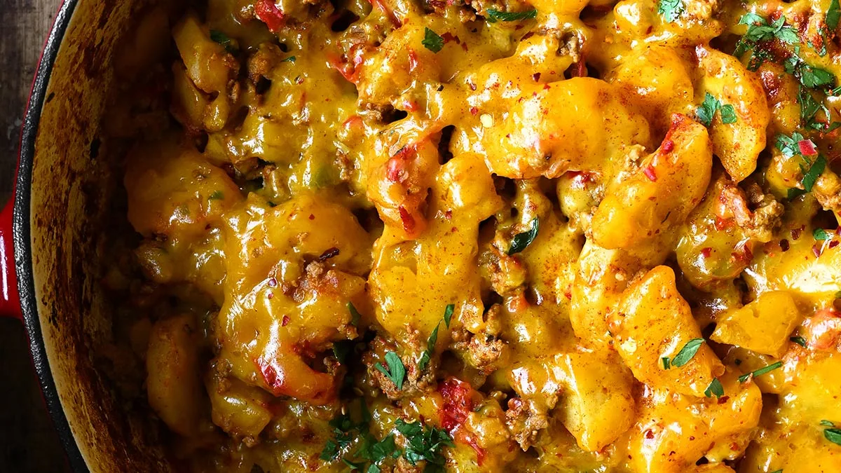 Cheesy One Pot Beef and Potatoes - Serving Dumplings
