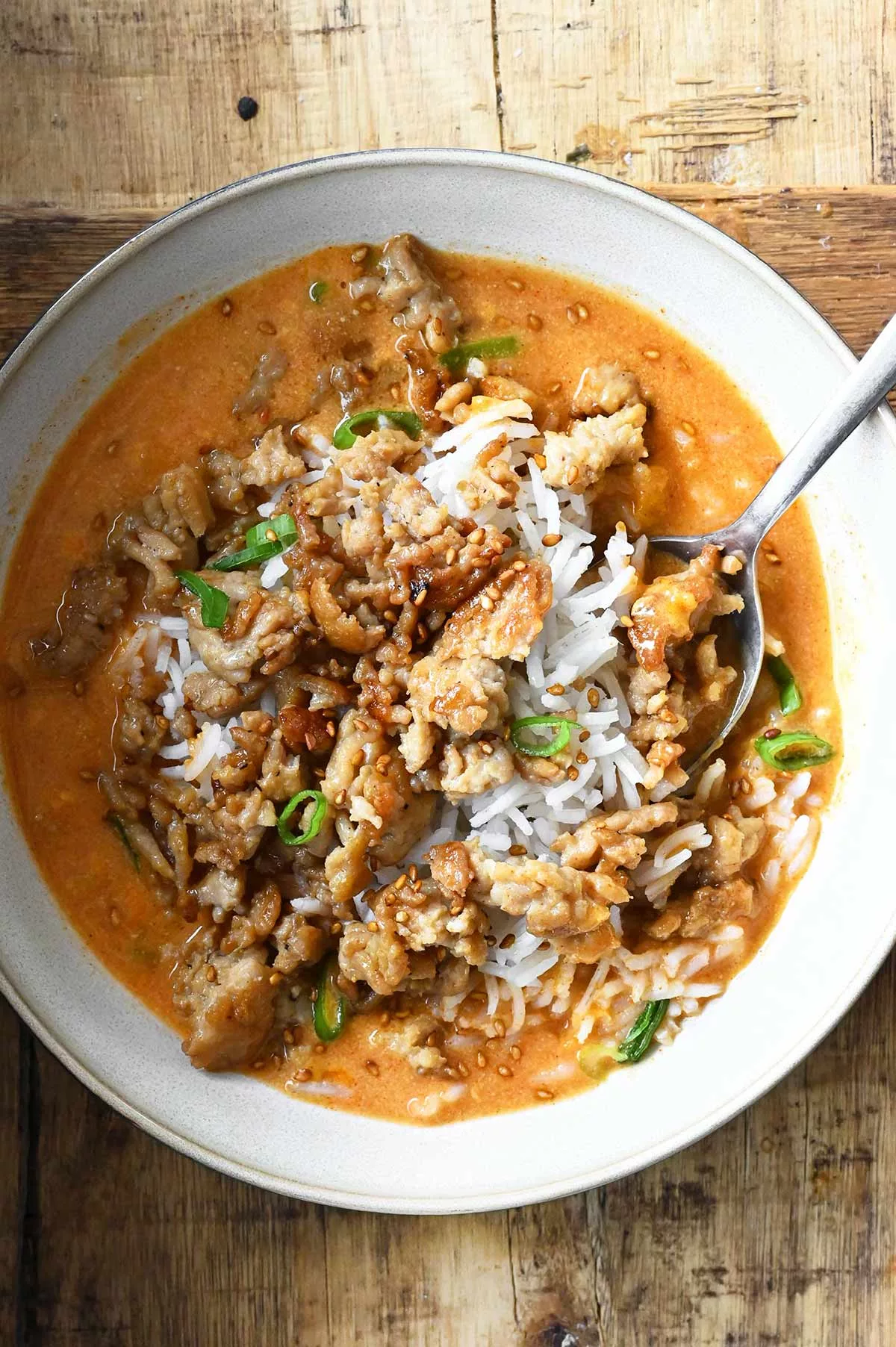 creamy spicy miso chicken rice bowls
