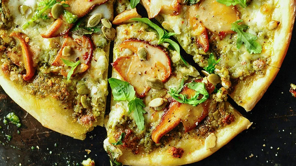 Porcini Burrata Pizza with Pesto - Serving Dumplings