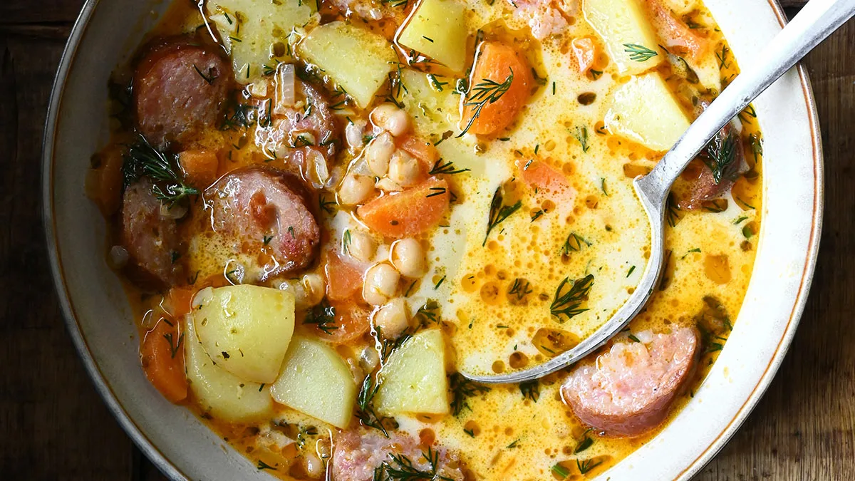 Kielbasa Potato Soup - Serving Dumplings